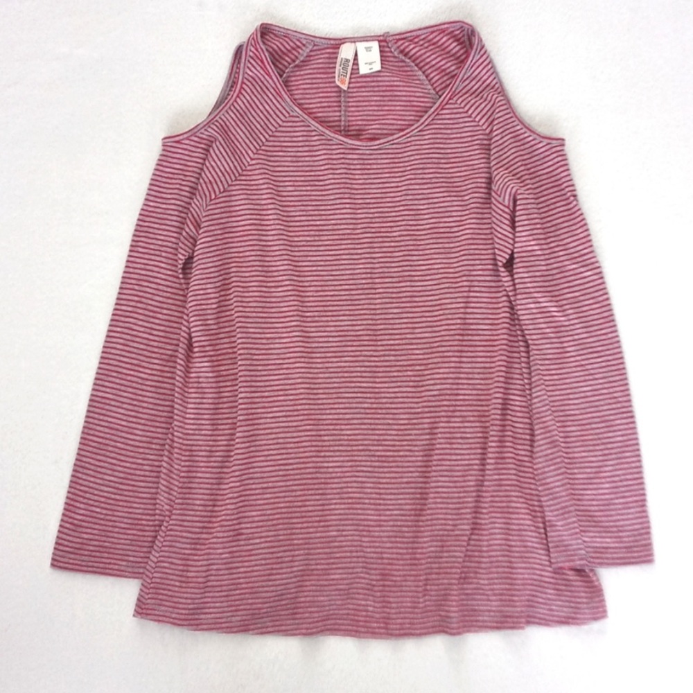 Route 66 Women's Rayon Blend Red & Grey Pinstripe Cold Shoulder Cut Out Top M